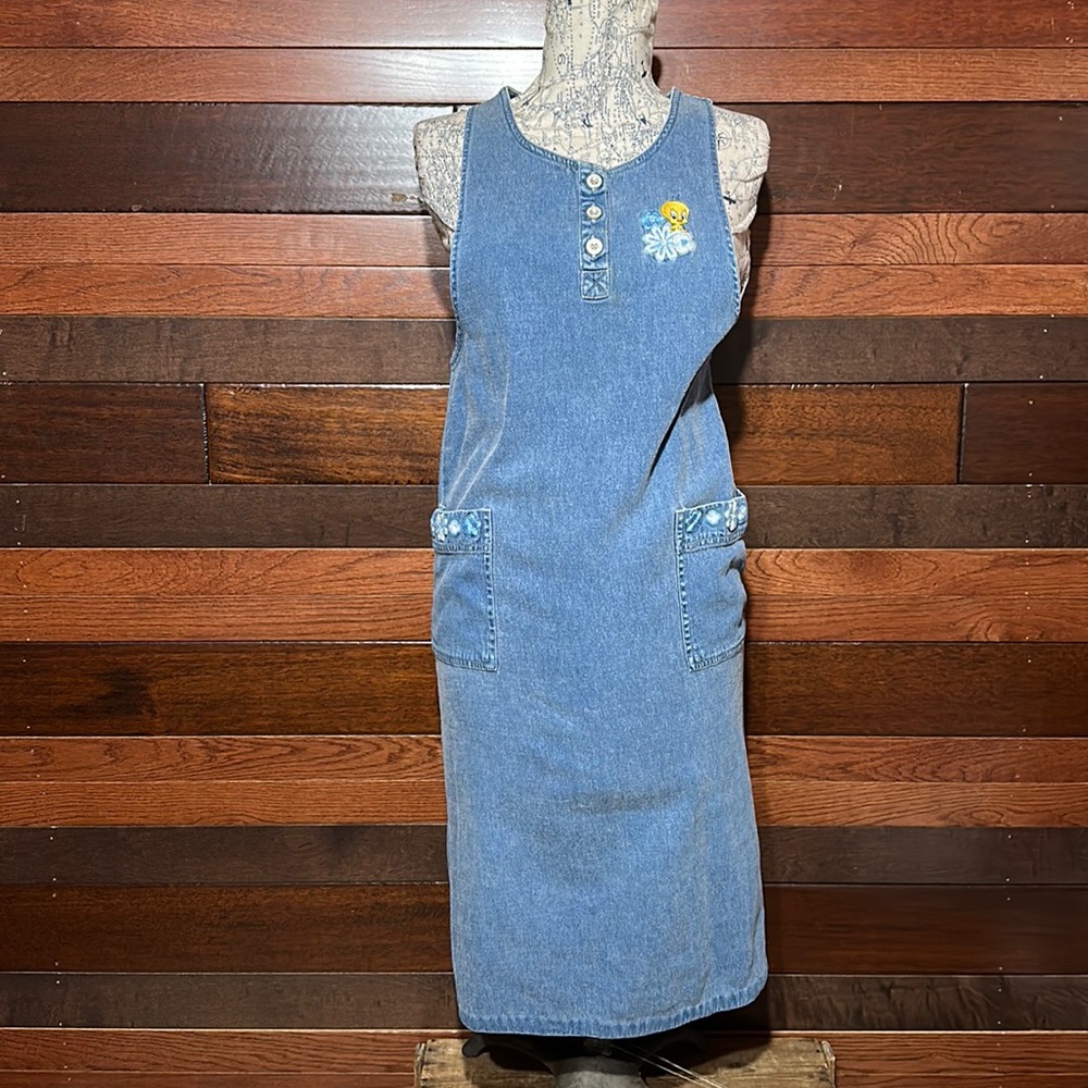Y2K  Warner Bros. Studio Store Tweety Bird Scoop Neck Denim Maxi Dress